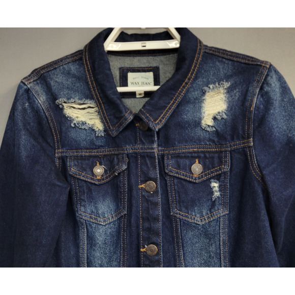 Wax Jean Jacket Womens Medium Distressed Denim Button Up Trucker Vintage Style - Picture 5 of 12